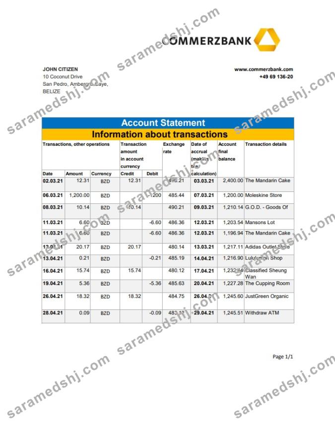 Belize Commerzbank bank statement easy to fill template in Excel and PDF format